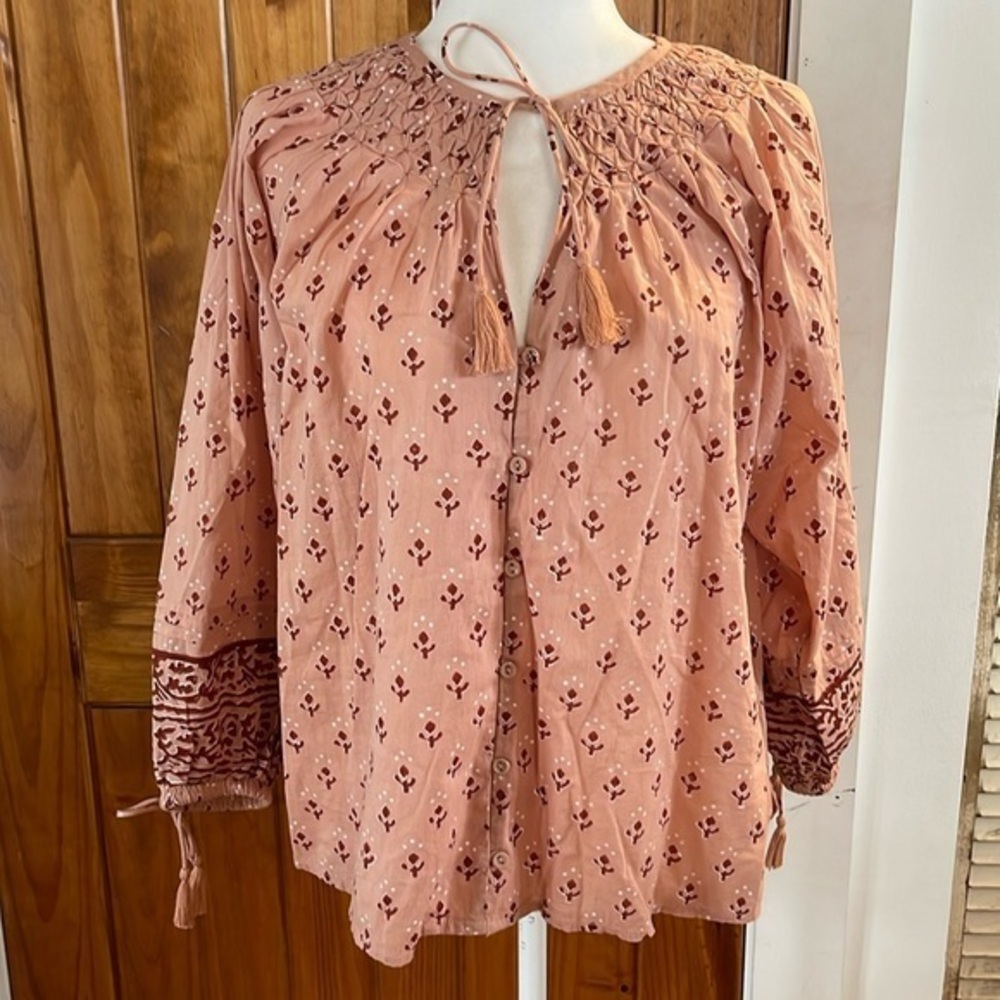 Cleobella Rue Blouse Pink Peach Petal Small 3/4 Sleeves Peasant Smocked Floral - Picture 1 of 9